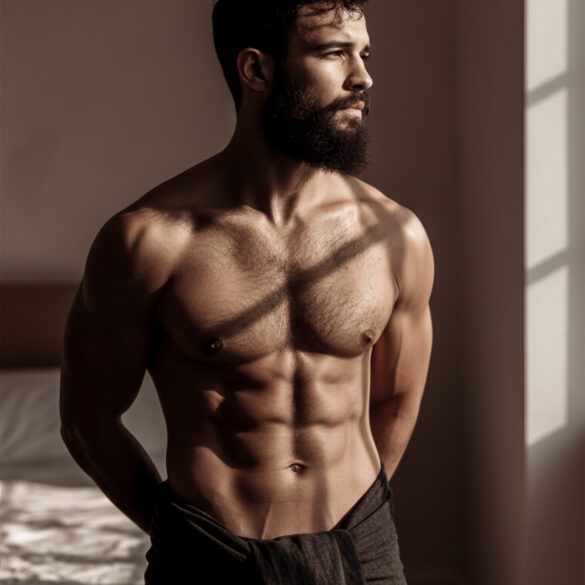 folio-web-boudoir-man-181 Fotografía boudoir de hombre musculoso con toalla negra luz de ventana al amanecer