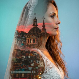 Fotografía de doble exposición cinematográfica de novia en Guanajuato